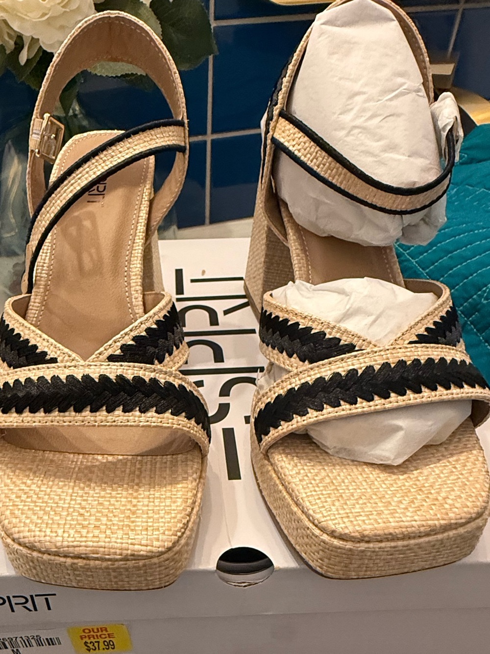 Esprit Beige and Black Woven Platform Wedge Sandals